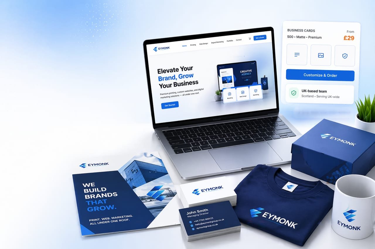 Eymonk Group brand mockups — laptop, business cards, T-shirt, mug and brochures
